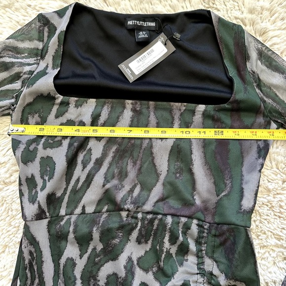 *NWT* Pretty Little Thing Green Long Sleeve Mesh Mini Side Ruched Dress US Sz 4 - Picture 8 of 11